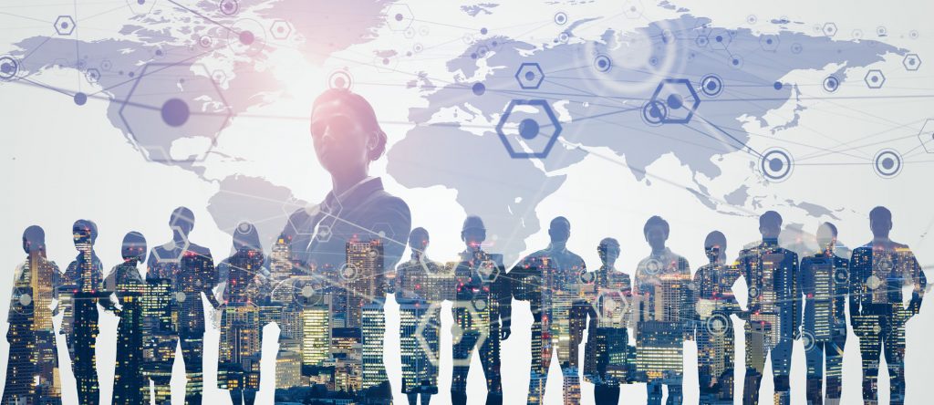 cut out images of the public with a world map behind them