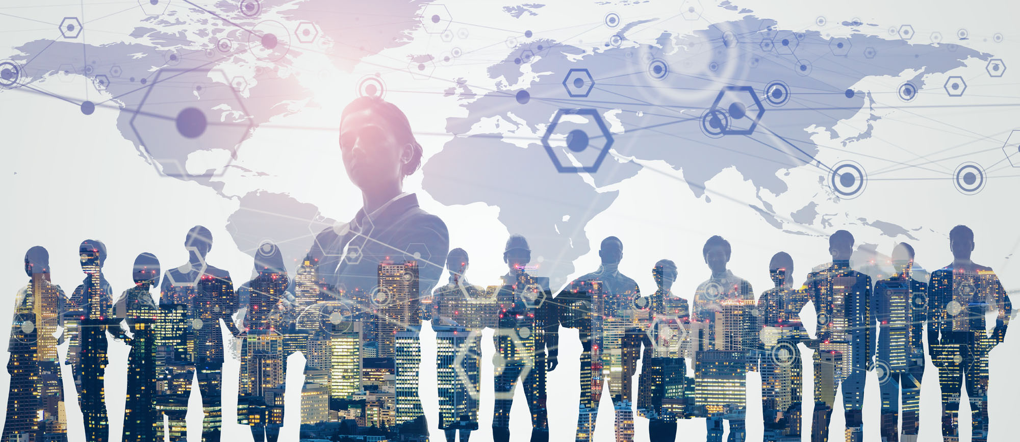 cut out images of the public with a world map behind them