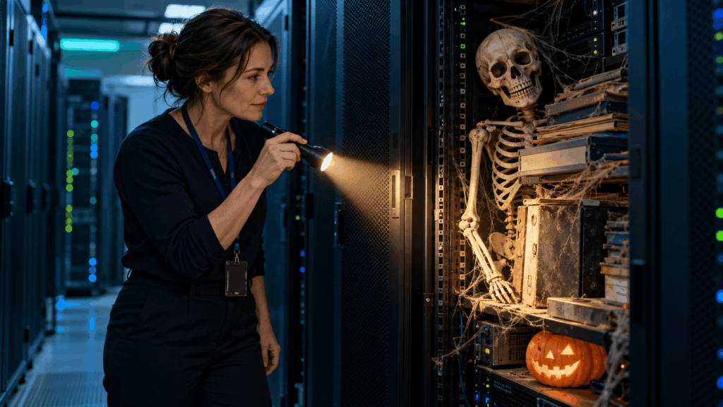 Halloween-themed illustration for a blog about GDPR audits and data protection risks